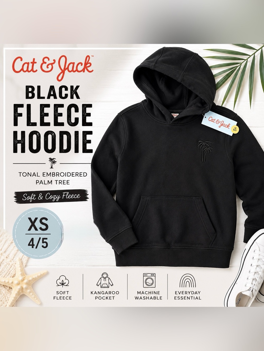 Cat & Jack Black Fleece Hoodie Palm Tree Embroidered Pullover XS 4/5